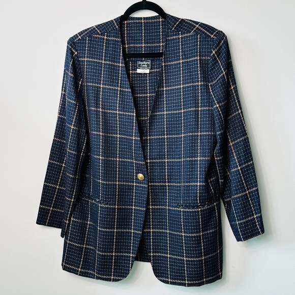 Vintage Navy & Tan Window Pane Print Plaid Blazer & Skirt Suit - Picture 4 of 14